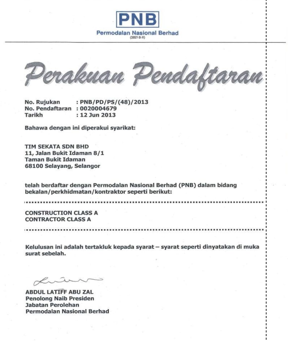 Permodalan Nasional Berhad certificate
