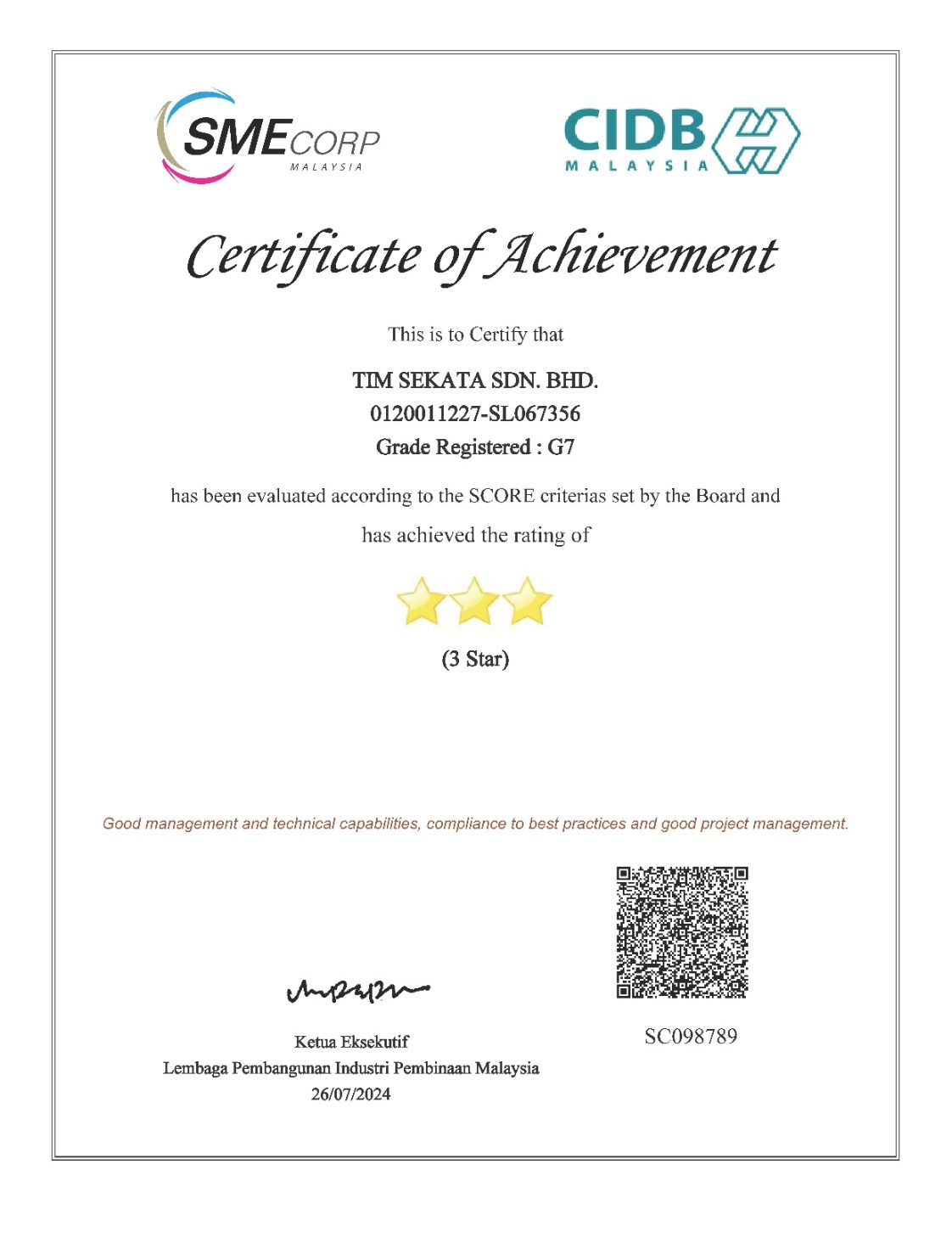 CIDB SCORE certificate